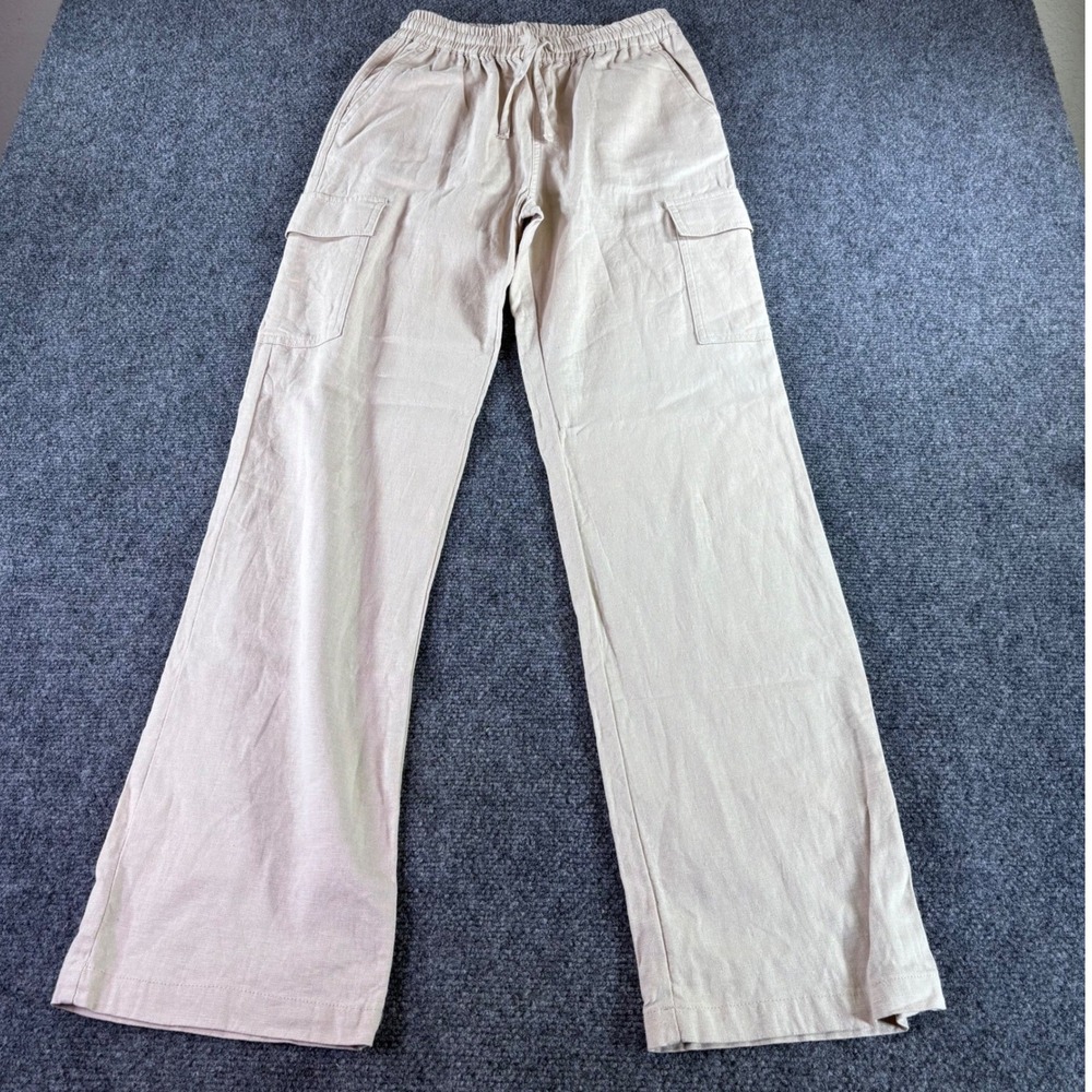Love Tree Cargo Pants Womens Small Beige Linen Blend Wide Leg Utility Relaxed - Picture 2 of 8